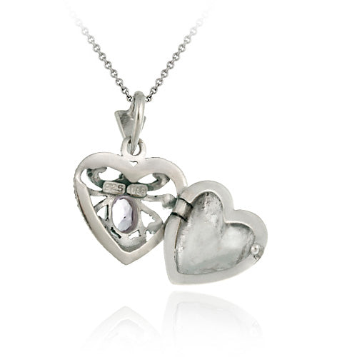 Sterling Silver Amethyst & Marcasite Heart Locket Necklace-2