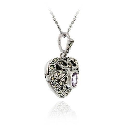Sterling Silver Amethyst & Marcasite Heart Locket Necklace-3
