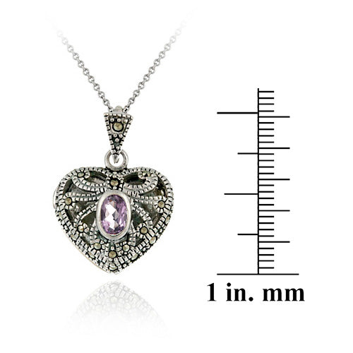 Sterling Silver Amethyst & Marcasite Heart Locket Necklace-4