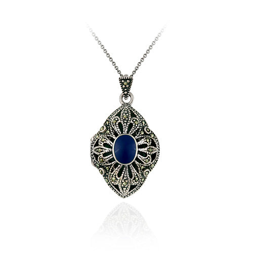Sterling Silver Marcasite & Lapis Diamond Shaped Locket