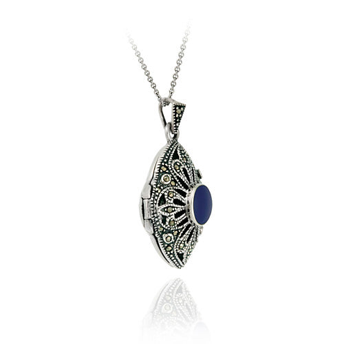 Sterling Silver Marcasite & Lapis Diamond Shaped Locket-3