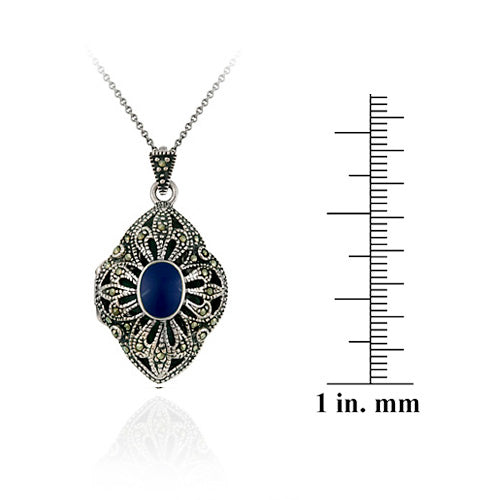 Sterling Silver Marcasite & Lapis Diamond Shaped Locket-4