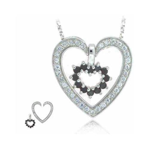 Sterling Silver Black & Clear CZ Two Heart Pendant