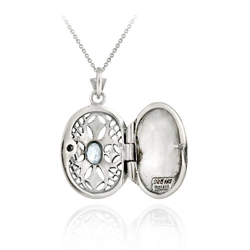 Sterling Silver Filigree Marcasite & Genuine Blue Topaz Cross Locket-2