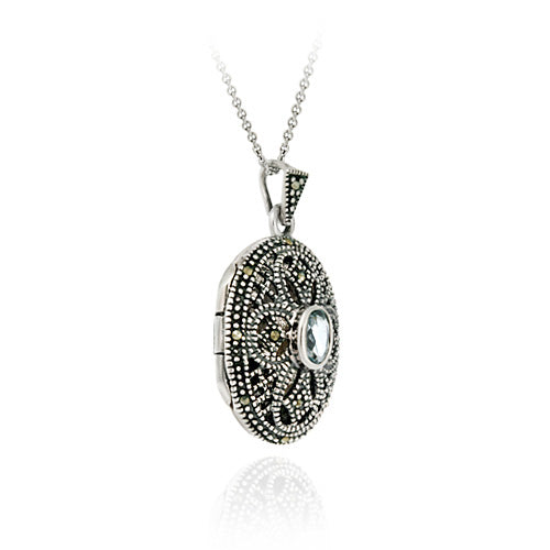 Sterling Silver Filigree Marcasite & Genuine Blue Topaz Cross Locket-3