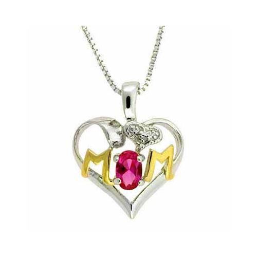 Sterling Silver Two-Tone Created Pink Sapphire & Diamond Accent MOM Heart Pendant