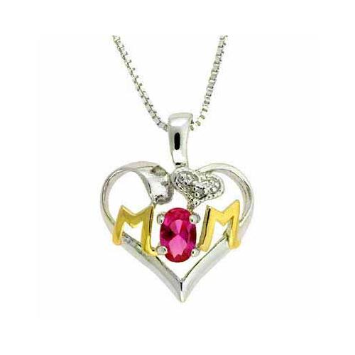 Sterling Silver Two-Tone Created Pink Sapphire & Diamond Accent MOM Heart Pendant