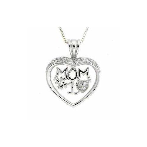 Sterling Silver CZ Dangling "MOM #1" Open Heart Pendant