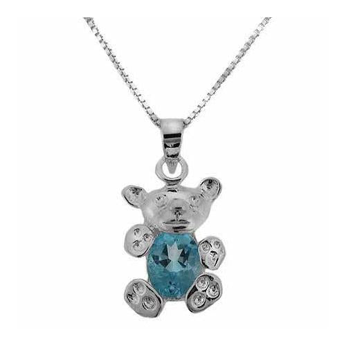 Sterling Silver Blue Topaz Teddy Bear Pendant