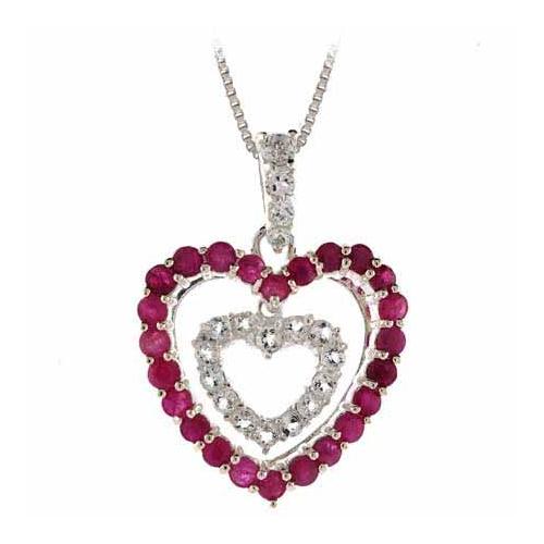 Sterling Silver Ruby & CZ Heart within a Heart Pendant
