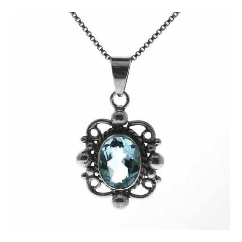 Sterling Silver Blue Topaz Filigree Oval Pendant