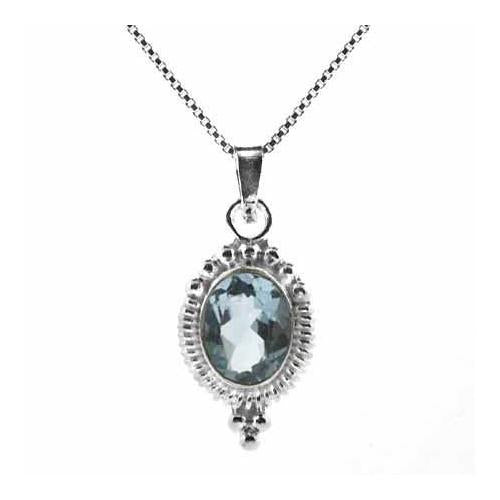 Sterling Silver Bali Bead Genuine Blue Topaz Stone Oval Pendant