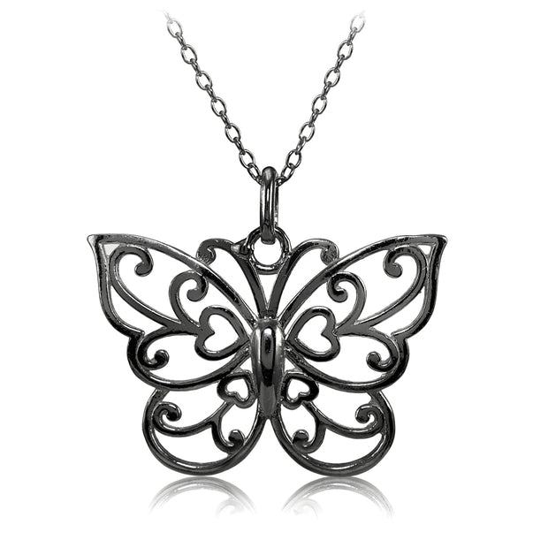 Black Flashed Sterling Silver High Polished Filigree Butterfly Necklace