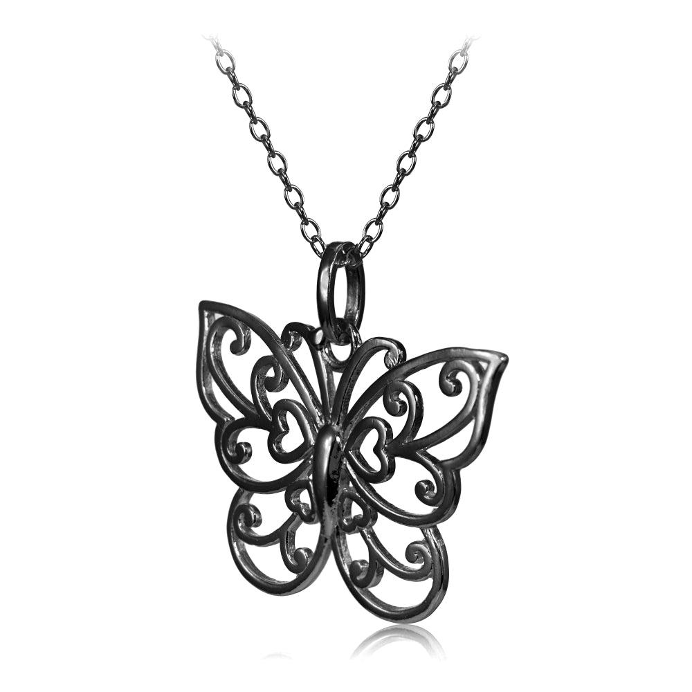 Black Flashed Sterling Silver High Polished Filigree Butterfly Necklace-2