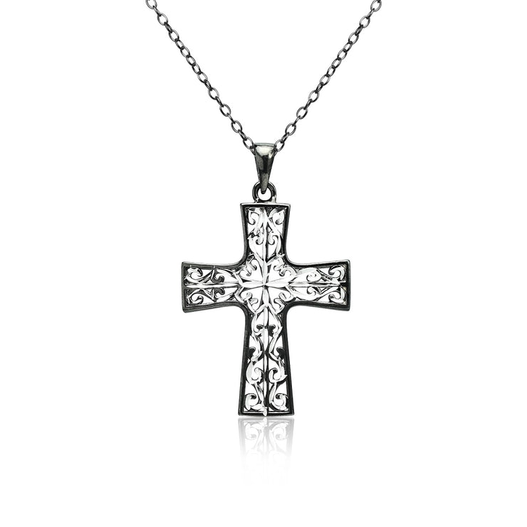 Black Flashed Sterling Silver Two-Tone Diamond-cut Filigree Cross Pendant Necklace