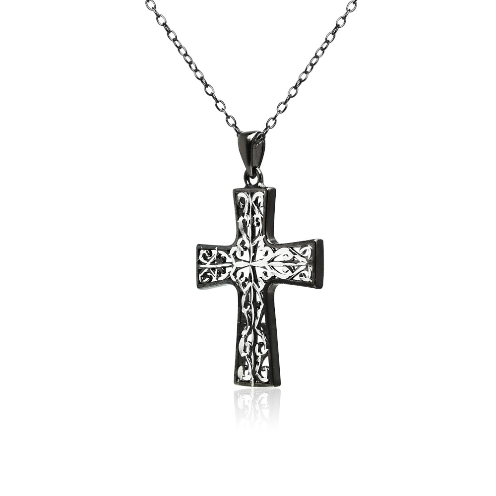 Black Flashed Sterling Silver Two-Tone Diamond-cut Filigree Cross Pendant Necklace-2