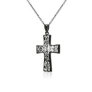 Black Flashed Sterling Silver Two-Tone Diamond-cut Filigree Cross Pendant Necklace