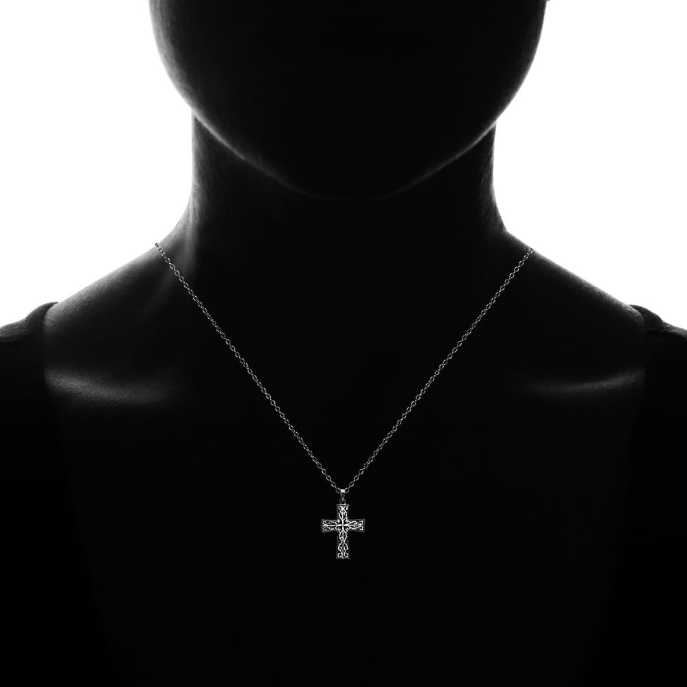 Black Flashed Sterling Silver Two-Tone Diamond-cut Filigree Cross Pendant Necklace-3