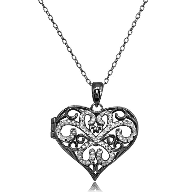 Black Flashed Sterling Silver Two-Tone Polished Diamond-Cut Heart Filigree Picture Locket Necklace