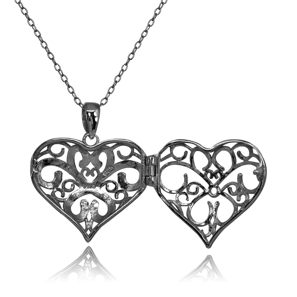 Black Flashed Sterling Silver Two-Tone Polished Diamond-Cut Heart Filigree Picture Locket Necklace-2