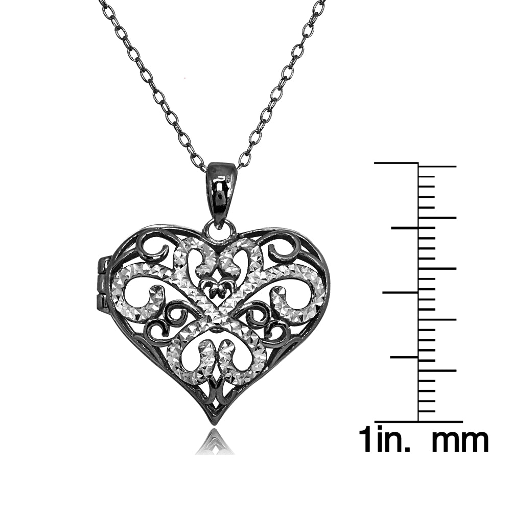 Black Flashed Sterling Silver Two-Tone Polished Diamond-Cut Heart Filigree Picture Locket Necklace-3