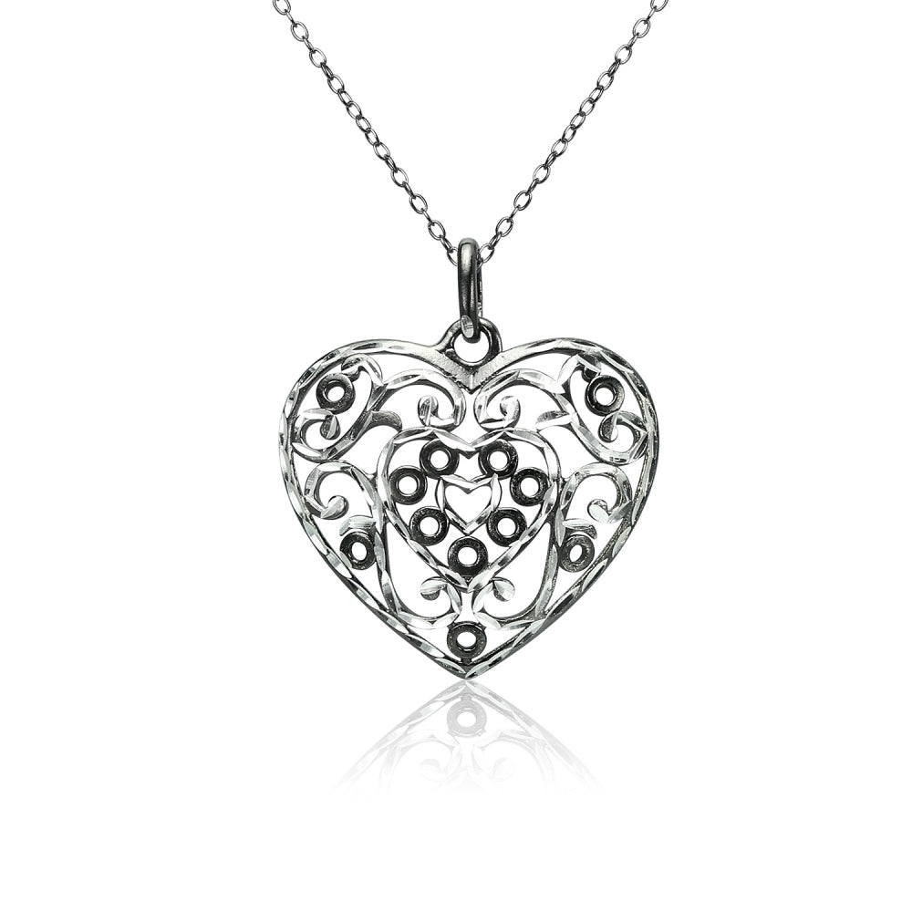 Black Flashed Sterling Silver Two-Tone  Diamond-cut Filigree Heart Pendant Necklace
