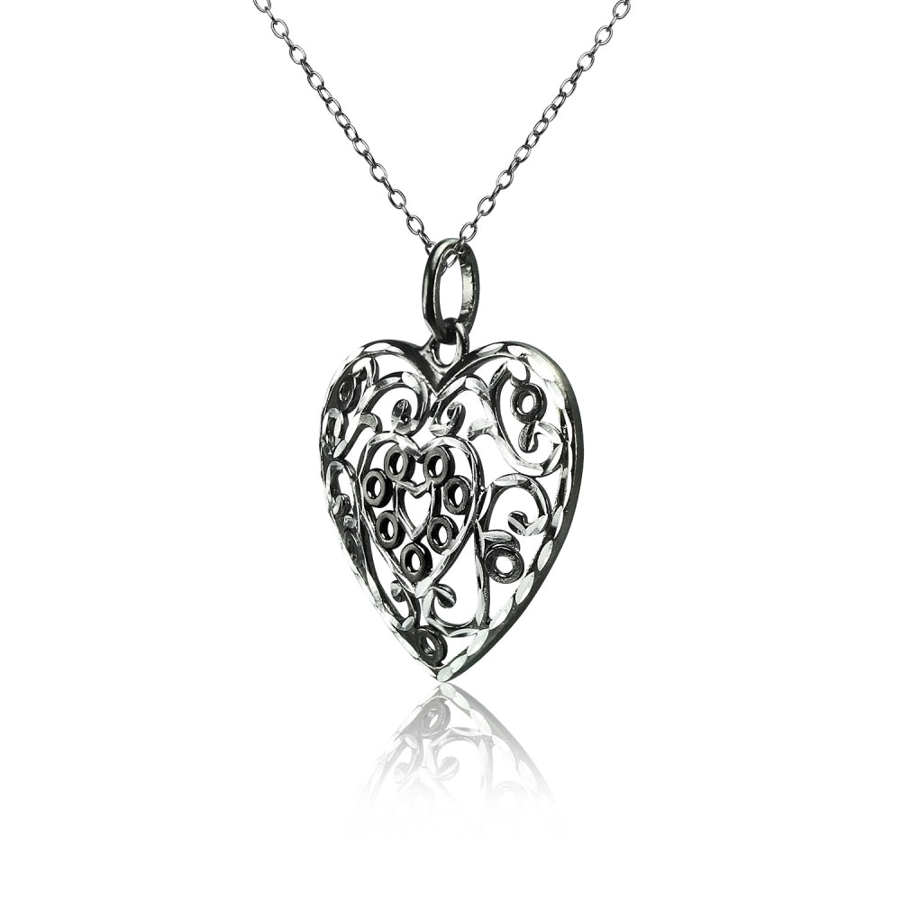 Black Flashed Sterling Silver Two-Tone  Diamond-cut Filigree Heart Pendant Necklace-2