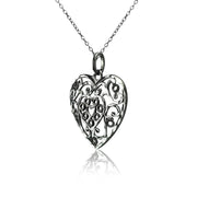 Black Flashed Sterling Silver Two-Tone  Diamond-cut Filigree Heart Pendant Necklace