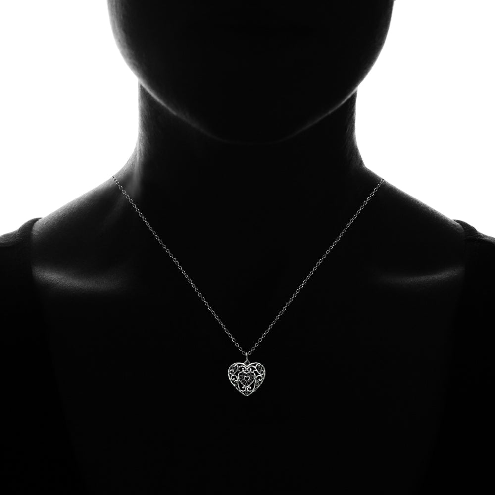 Black Flashed Sterling Silver Two-Tone  Diamond-cut Filigree Heart Pendant Necklace-3