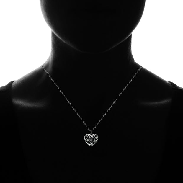 Black Flashed Sterling Silver Two-Tone  Diamond-cut Filigree Heart Pendant Necklace