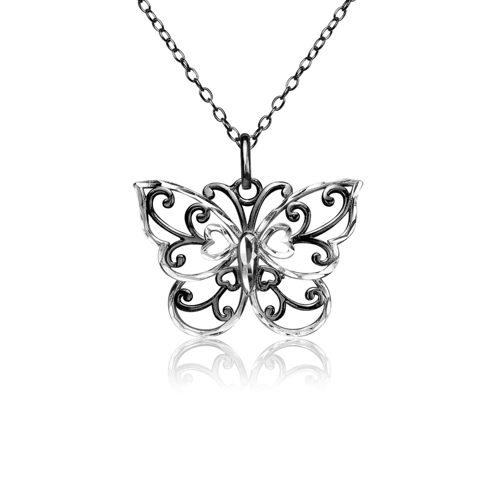Black Flashed Sterling Silver Two-Tone  Diamond-cut Filigree Butterfly Pendant Necklace