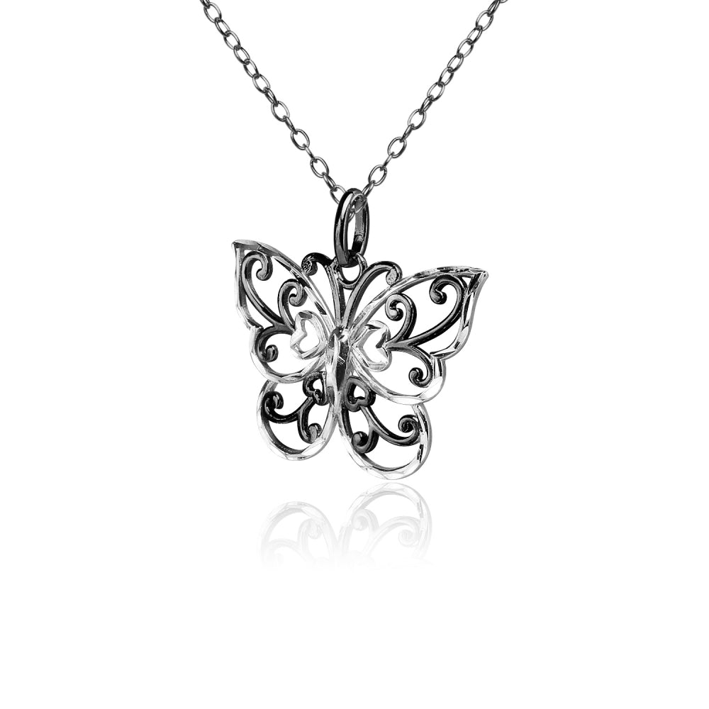 Black Flashed Sterling Silver Two-Tone  Diamond-cut Filigree Butterfly Pendant Necklace-2
