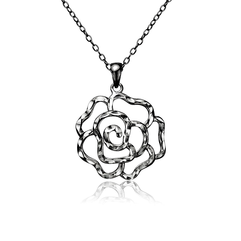 Black Flashed Sterling Silver Two-Tone Diamond-cut Rose Flower Pendant Necklace