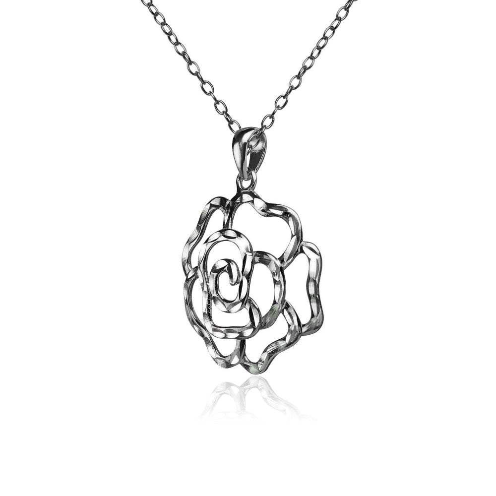 Black Flashed Sterling Silver Two-Tone Diamond-cut Rose Flower Pendant Necklace-2