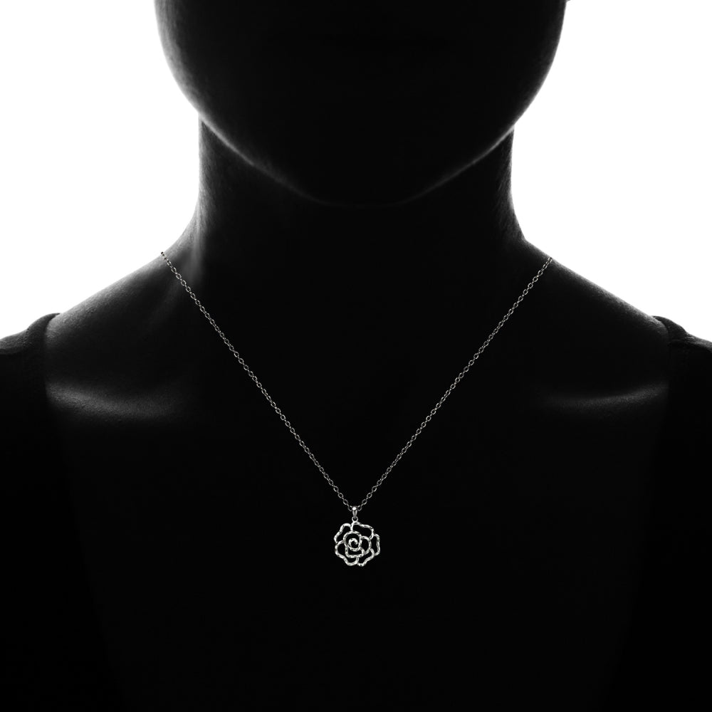 Black Flashed Sterling Silver Two-Tone Diamond-cut Rose Flower Pendant Necklace-3