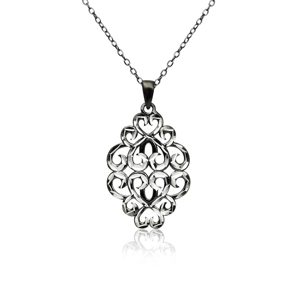 Black Flashed Sterling Silver Two-Tone  Diamond-cut Filigree Swirl Hearts Necklace