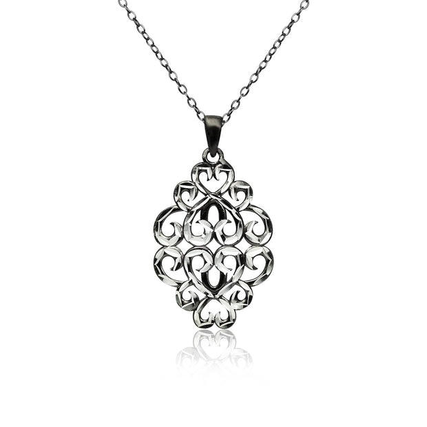 Black Flashed Sterling Silver Two-Tone  Diamond-cut Filigree Swirl Hearts Necklace