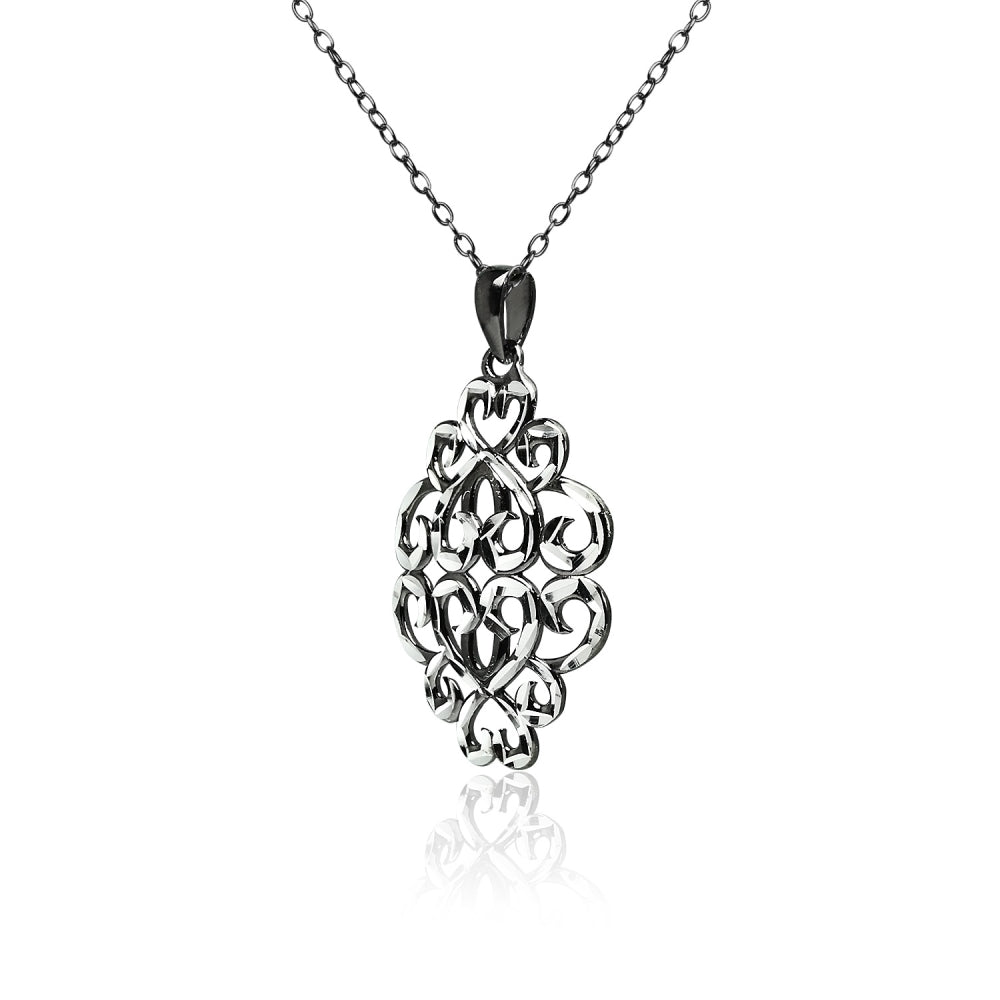 Black Flashed Sterling Silver Two-Tone  Diamond-cut Filigree Swirl Hearts Necklace-2