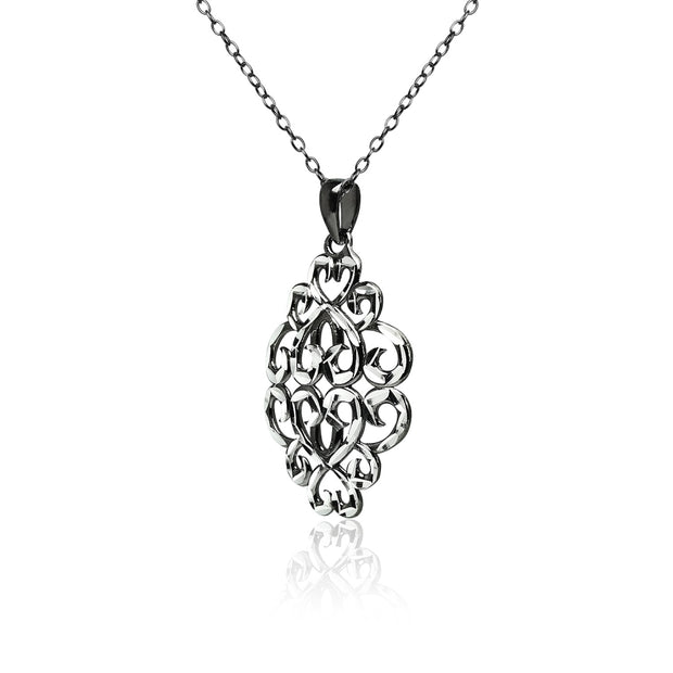 Black Flashed Sterling Silver Two-Tone  Diamond-cut Filigree Swirl Hearts Necklace