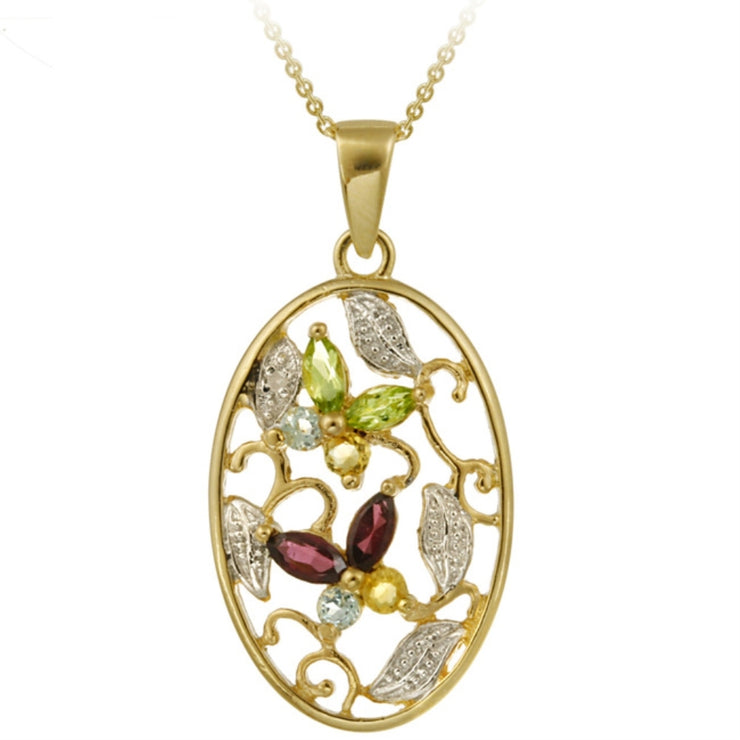 18K Gold over Sterling Silver Multi Gemstone & Diamond Accent Oval Flower Pendant