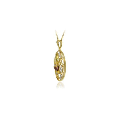 18K Gold over Sterling Silver Multi Gemstone & Diamond Accent Oval Flower Pendant