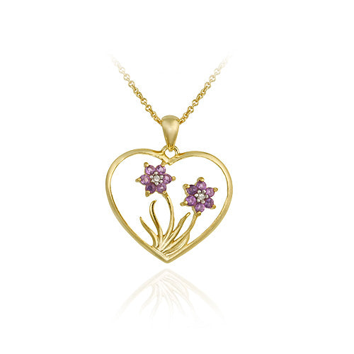 18K Gold over Sterling Silver Amethyst & Diamond Flower in Heart Pendant