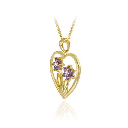 18K Gold over Sterling Silver Amethyst & Diamond Flower in Heart Pendant-2
