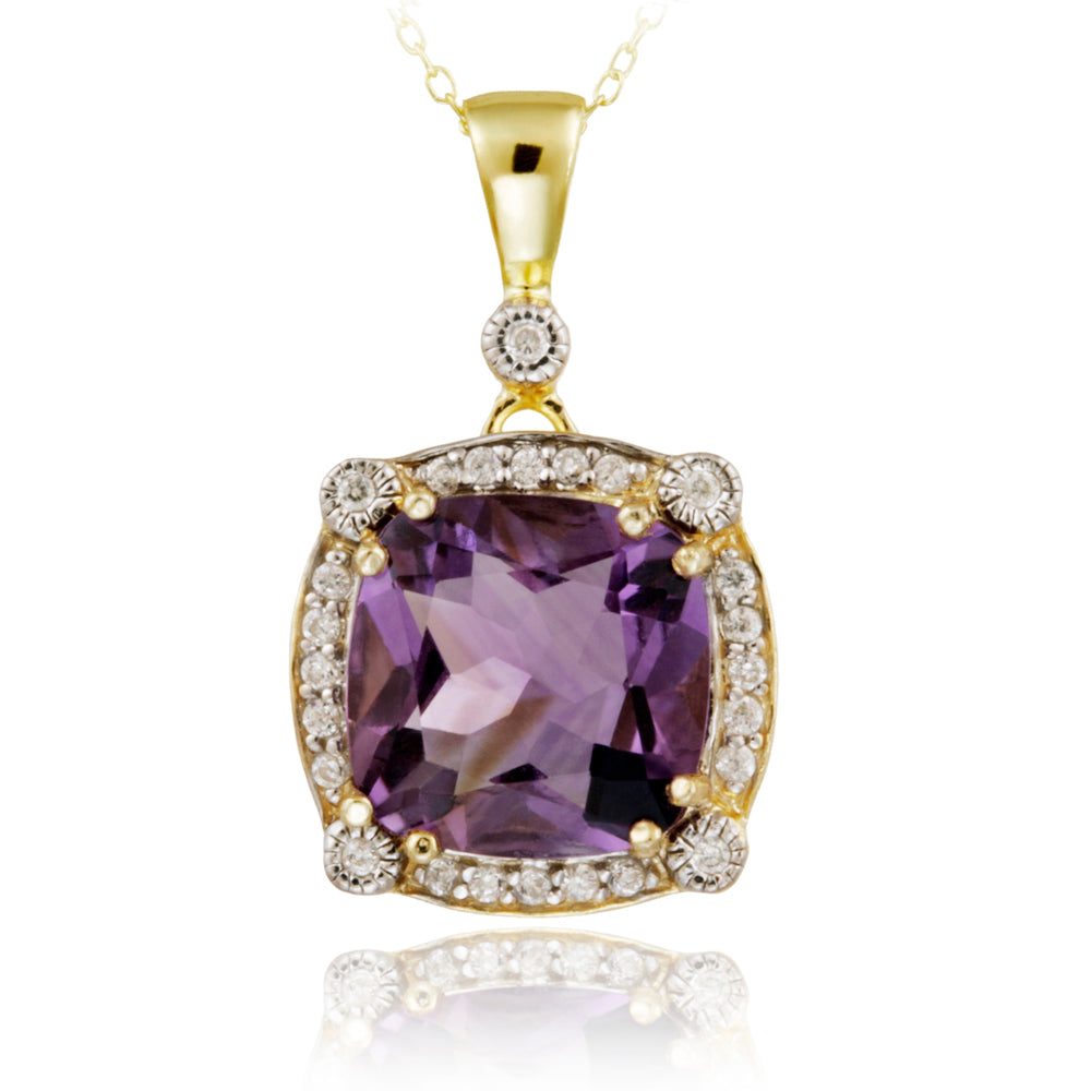 18K Gold over Sterling Silver 6.05ct Amethyst & CZ Square Pendant, 18"