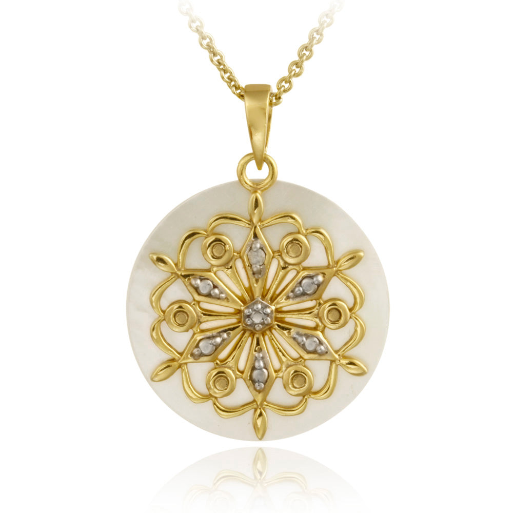18K Gold over Sterling Silver Diamond Accent Mother of Pearl & Flower Charm Necklace