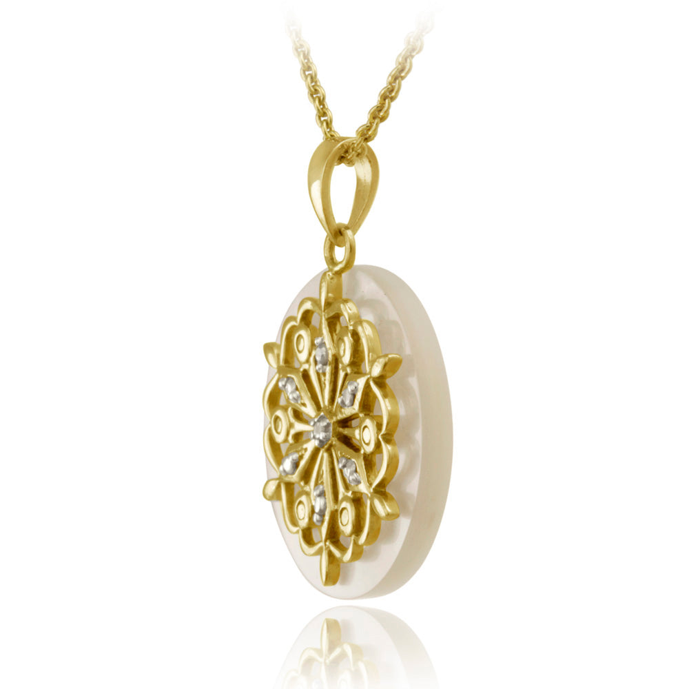 18K Gold over Sterling Silver Diamond Accent Mother of Pearl & Flower Charm Necklace-2