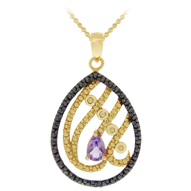 18K Gold over Sterling Silver Amethyst & Black Diamond Accent Teardrop Pendant