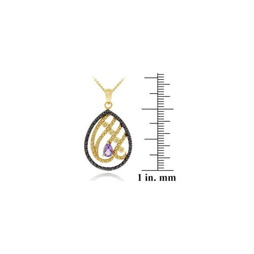 18K Gold over Sterling Silver Amethyst & Black Diamond Accent Teardrop Pendant-3