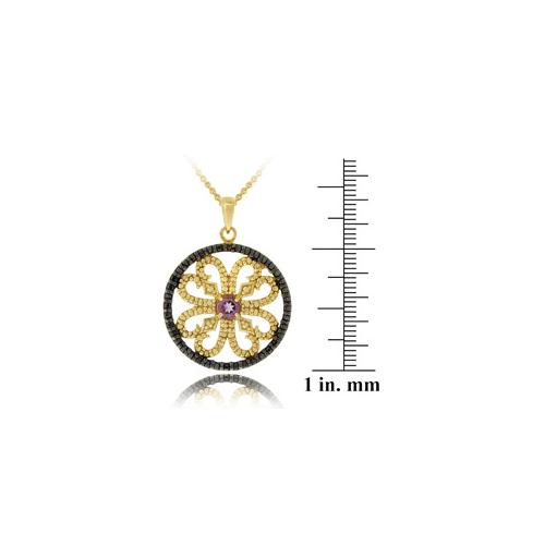 18K Gold over Sterling Silver Amethyst & Black Diamond Accent Flower Medallion Pendant-3