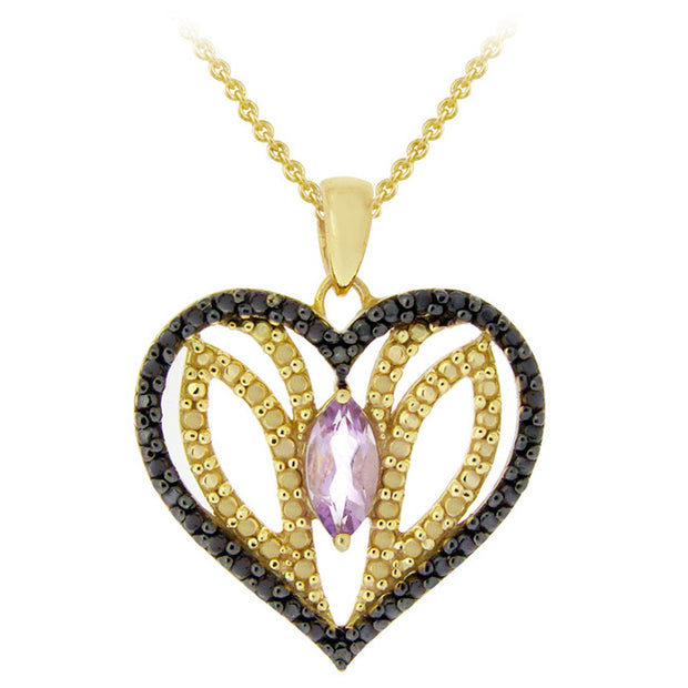 18K Gold over Sterling Silver Amethyst & Black Diamond Accent Heart Pendant